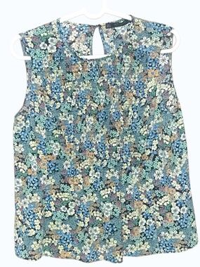 Zara Basic Floral Sleeveless Blouse Blue Garden Print Top